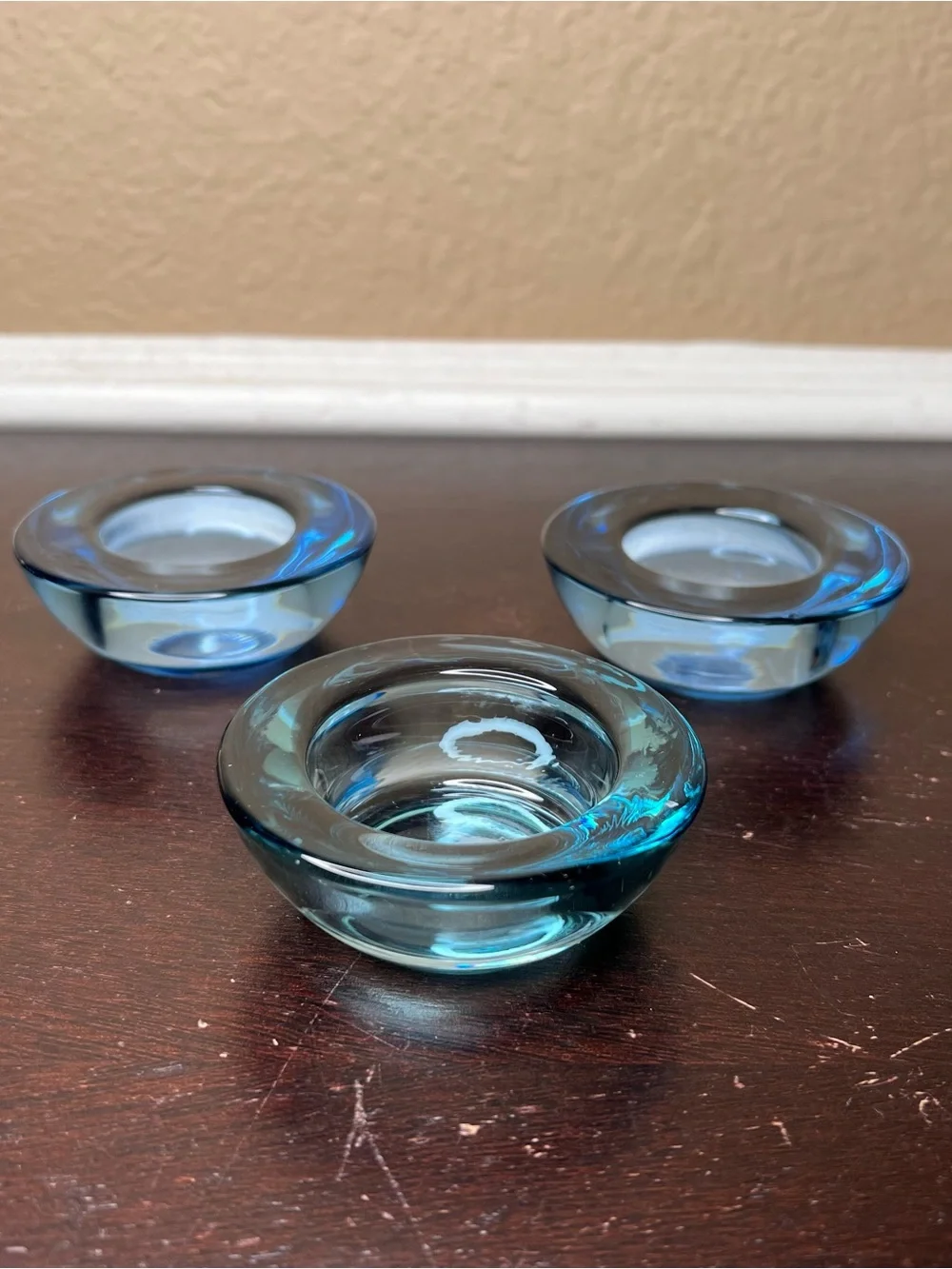 Vintage 1990s IKEA Chunky Blue Glass Candle Holders Trio